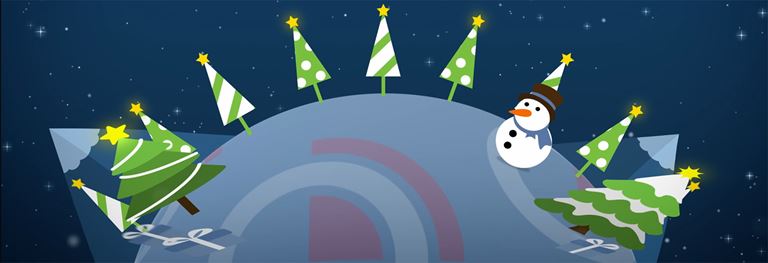 Season's greetings message snowman with Christmas trees 1900x651