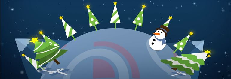 Season's greetings message snowman with Christmas trees 1900x651