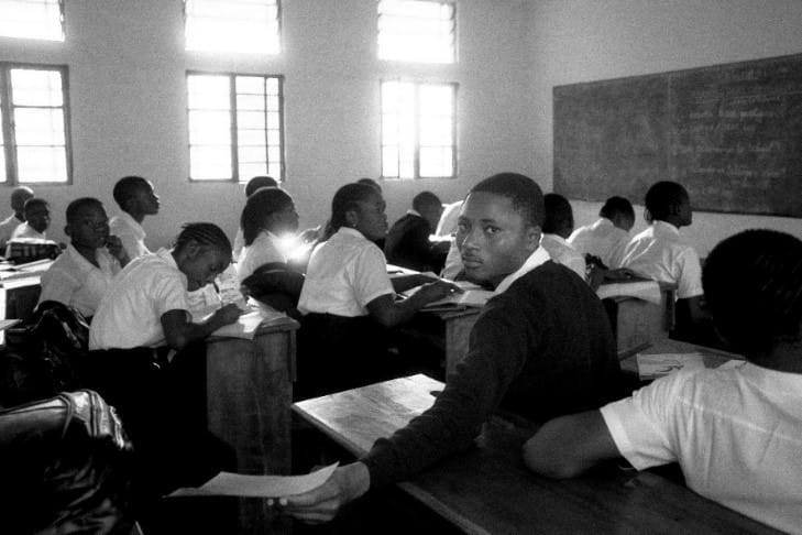 Children studying in a rehabilitated classroom