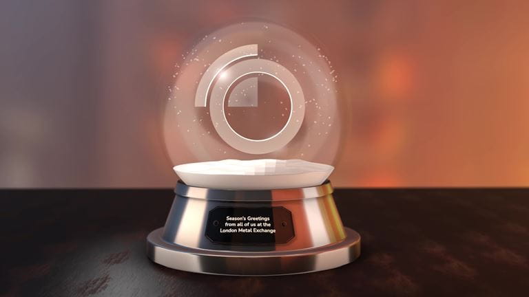 Still of the LME Christmas 2025 video which a snow globe and the LME logo inside